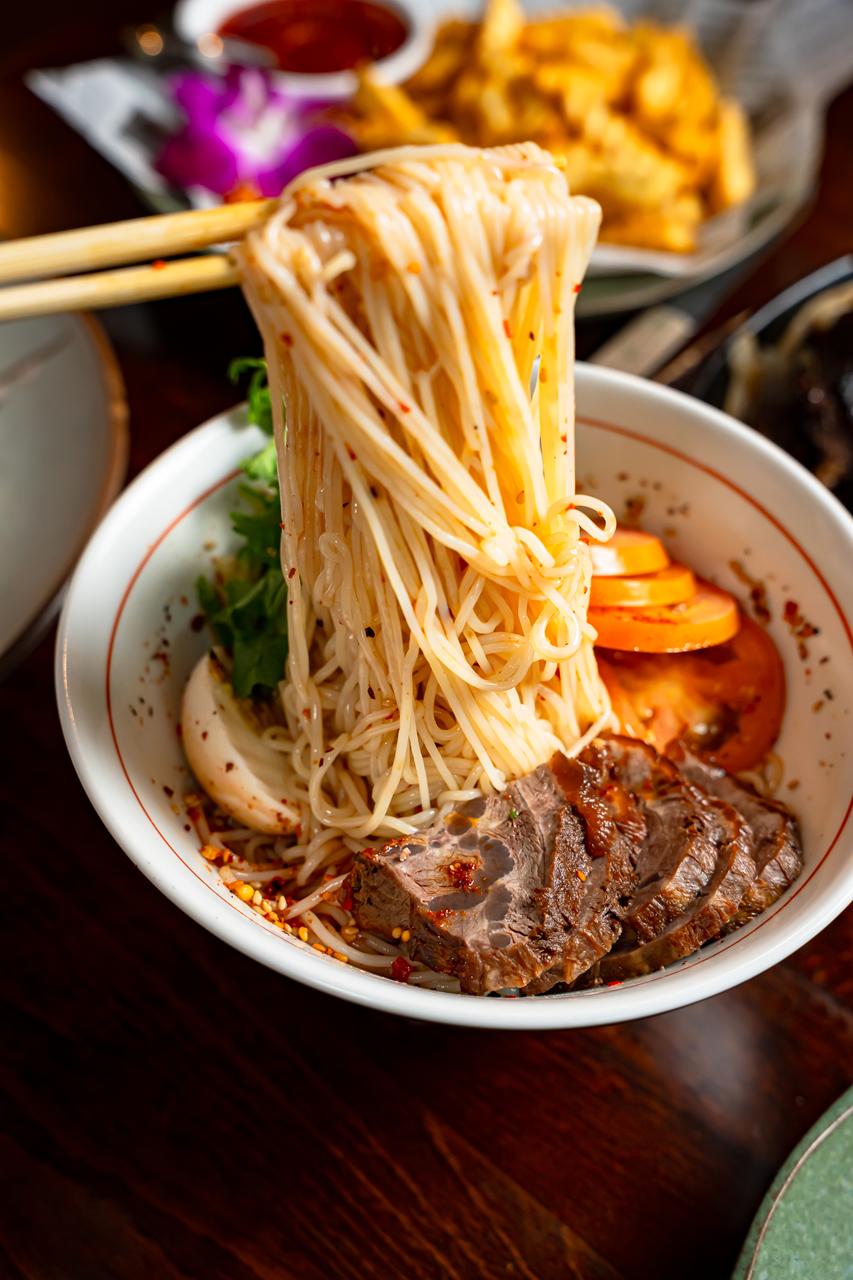Asian noodle dish beautifully presented